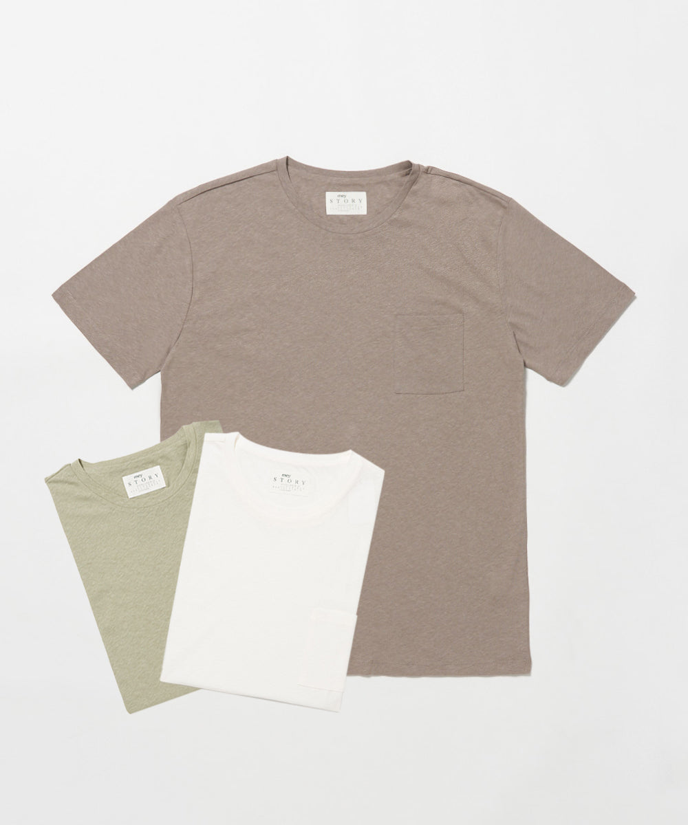 MEY STORY | COTTON LINEN CREW NECK T-SHIRT w/ POCKET - アマン 