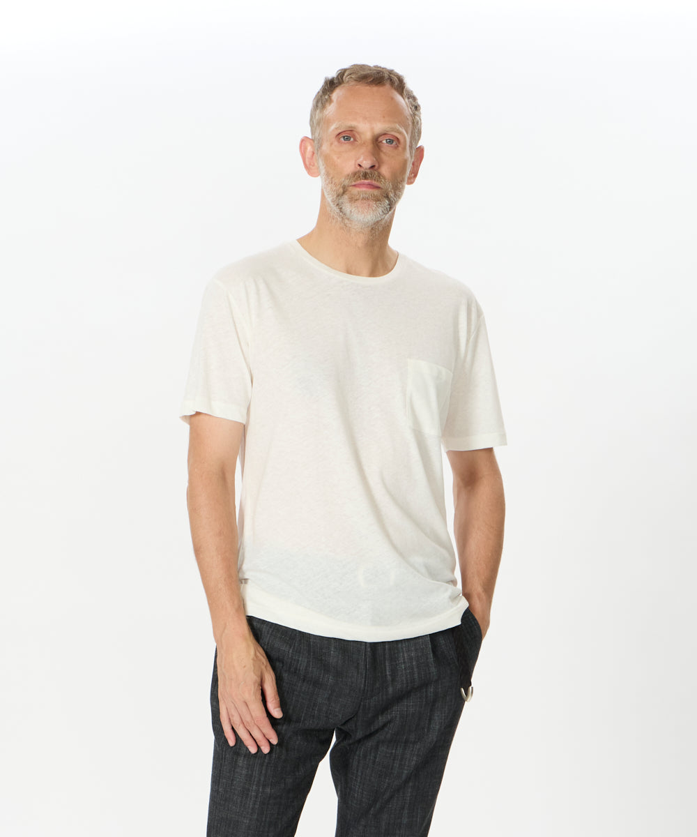 MEY STORY | COTTON LINEN CREW NECK T-SHIRT w/ POCKET - アマン 